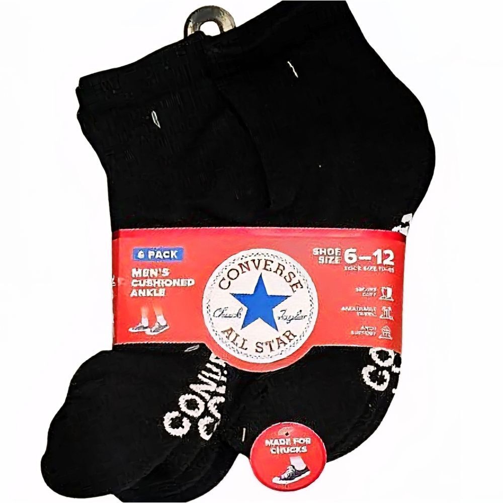 Converse 6-PK Cushioned Ankle Socks- Black